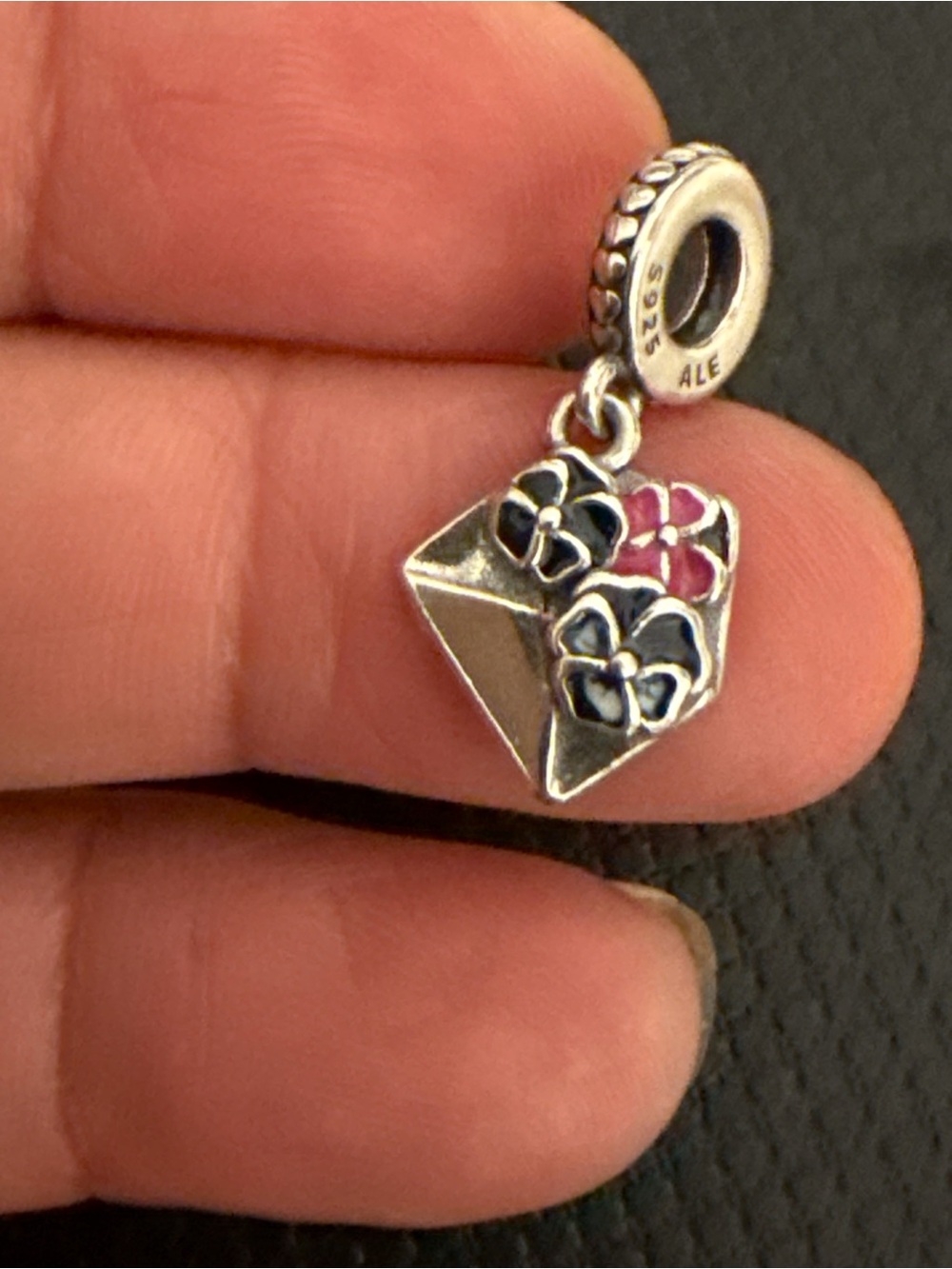 Pandora Silver Heart Envelope Charm with Pink and Black Flowers